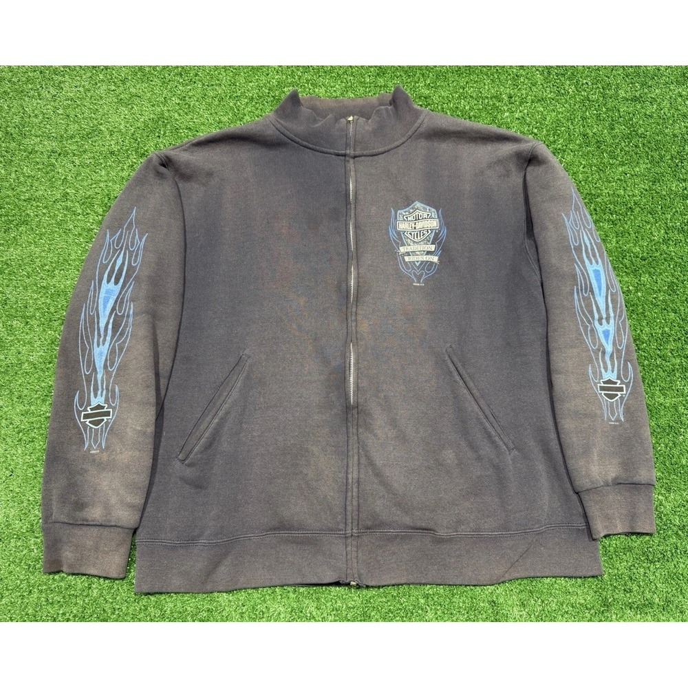 Vtg Harley Davidson Sweatshirt Mens X-Large Gray Full Zip Flame Sleeves 2006